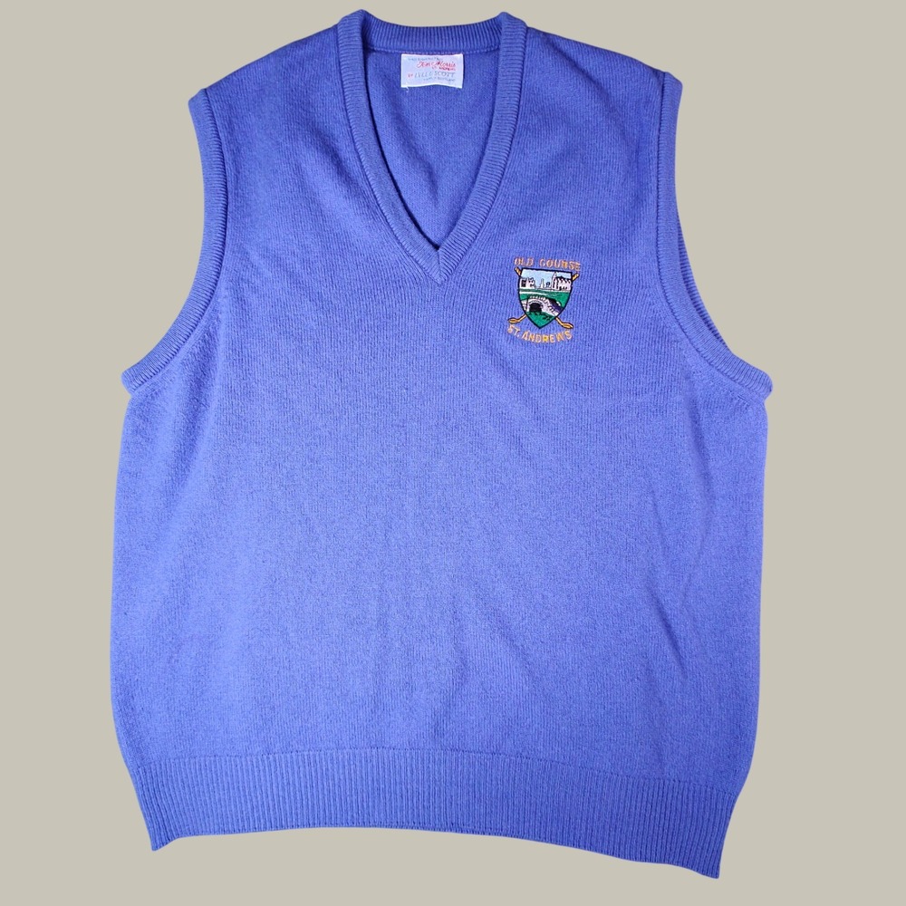 VTG Lyle & Scott St Andrews Old Course Wool Sweater Vest Blue Mens 46in